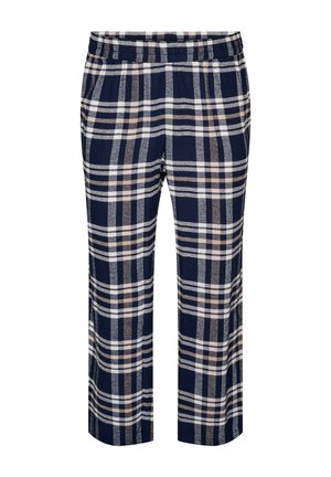 Marineblauwe geruite broek met beige en witte strepen, elastische tailleband, rechte pijp en zijzakken.