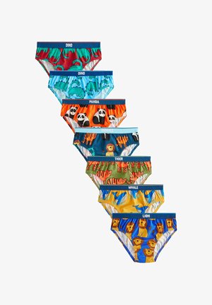 Ensemble de sous-vêtements colorés pour enfants avec divers imprimés d'animaux : dinosaures, pandas, tigres, baleines et lions. Ceintures élastiques de couleurs contrastées.