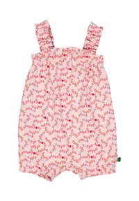 Růžový overal s volánkovými ramínky a elastickým pasem. Obsahuje hravou potisk barevných housenek na měkké látce.