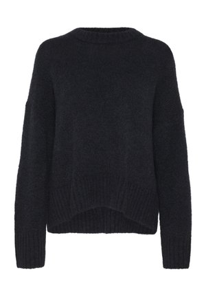 Black knit sweater with a round neckline, dropped shoulders, and ribbed cuffs. Soft texture with a slightly cropped hem and loose fit.
