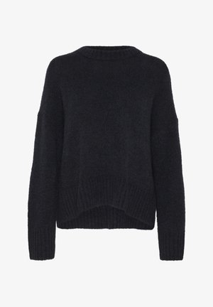Pull en maille noir avec un col rond, des épaules tombantes et des poignets côtelés. Texture douce avec un ourlet légèrement cropped et une coupe ample.