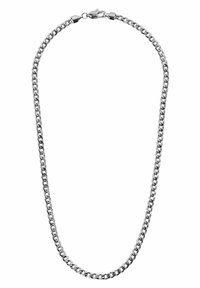 Sølv metal kædedesign med sammenflettede led, en glat overflade og en lobsterspand. Overordnet slankt og minimalistisk design.