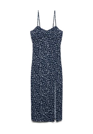 Robe midi bleu marine avec fines bretelles, motif floral blanc, corsage ajusté et fente avant sur la jupe.