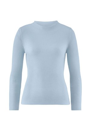 Hellblauer, gerippter Langarmpullover mit figurbetonter Silhouette und kurzem Stehkragen auf weißem Hintergrund.