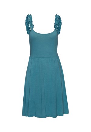 Sleeveless teal dress with ruffled straps and a fitted bodice that flows into a gathered, knee-length skirt.
