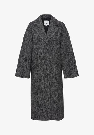 Płaszcz w wzór houndstooth w czarno-białych kolorach, z wyciętym kołnierzem, zapięciem na guziki z przodu i kieszeniami po bokach.