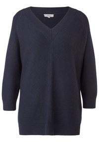 Pull à col en V bleu marine foncé avec manches longues et texture en maille côtelée sur toute la surface.
