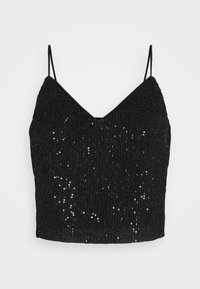 Svart croppad topp med V-ringning, tunna remmar och textil med struktur som har små paljetter för extra detalj.