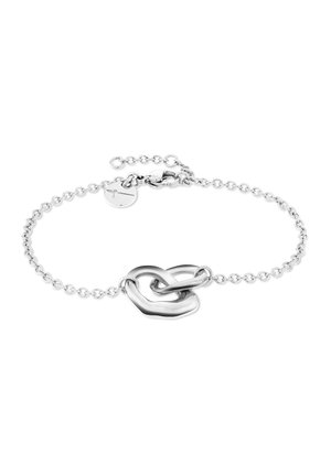 Silbernes Armband mit einem verbundenen Herzdesign. Verfügt über eine zarte Kette und einen Karabinerhaken mit einer verstellbaren Kette zur Größenanpassung.