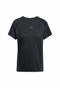 T-shirt atletico nero a maniche corte con un sottile motivo a righe lungo i lati e il logo Adidas centrato sul petto.