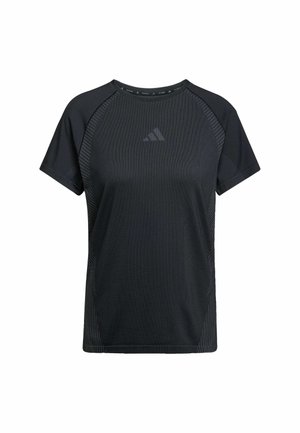 T-shirt de sport noir à manches courtes avec un motif rayé subtil sur les côtés et le logo Adidas centré sur la poitrine.
