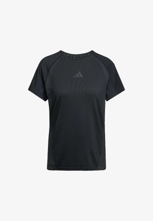 Zwarte sport t-shirt met korte mouwen en een subtiel gestreept patroon langs de zijkanten, met het Adidas-logo gecentreerd op de borst.