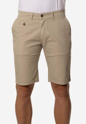 Pantalones cortos de algodón beige con un corte regular, que cuentan con bolsillos laterales, un cierre de botón en la parte delantera y dobladillos enrolados para un acabado limpio.