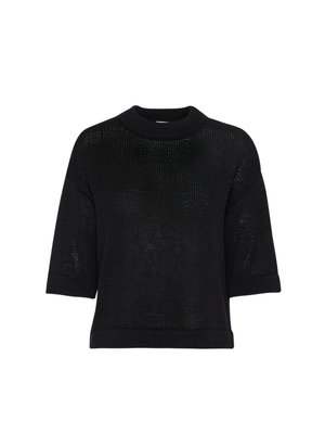 Melnā adītā džemperī ir apaļa apkakle, īsas piedurknes un brīvā piegriezuma, ar teksturētu rakstu visā virsmā.