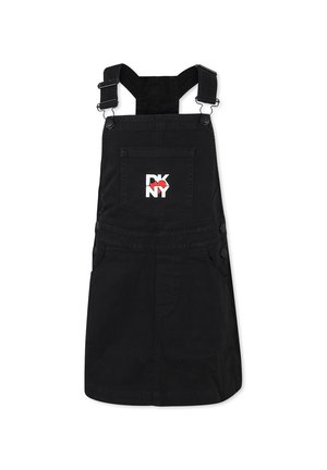 Robe salopette noire en tissu durable. Équipée de bretelles réglables, d'une poche avant et d'un design de logo en blanc et rouge sur la poche de poitrine.