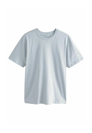 Ljusblå bomullströja med korta ärmar, rund halsringning och en mjuk textur. Enkel design utan mönster eller utsmyckningar.