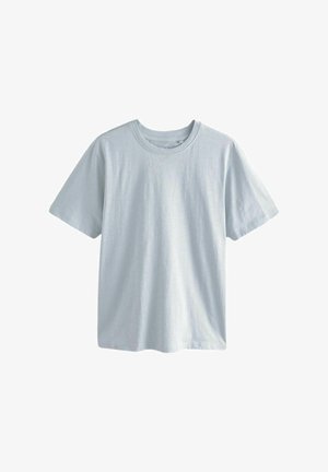 Ljusblå bomullströja med korta ärmar, rund halsringning och en mjuk textur. Enkel design utan mönster eller utsmyckningar.