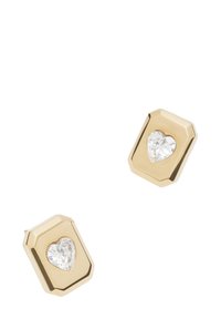 Pendientes octogonales de oro pulido con un cristal en forma de corazón incrustado, que presentan una superficie suave y un diseño geométrico moderno.