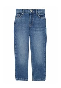 Modré džíny z denimu se střihovým zakončením rovného nohavice, obsahující zapínání na knoflík, pět kapes a vybledlý povrch na přední i zadní straně.