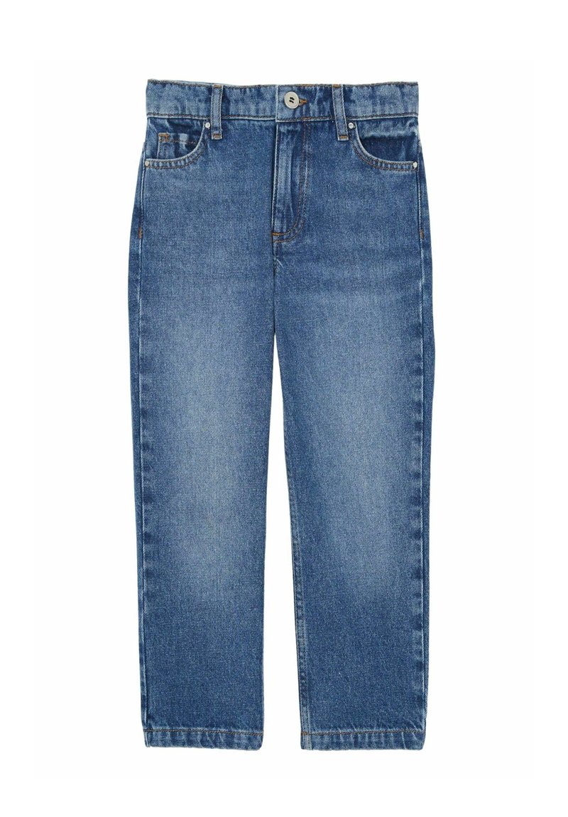 Modré džíny z denimu se střihovým zakončením rovného nohavice, obsahující zapínání na knoflík, pět kapes a vybledlý povrch na přední i zadní straně.