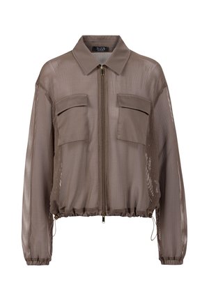 Lichtbruine mesh lange mouwen jas met kraag, ritssluiting aan de voorkant, twee klepzakken, elastische manchetten en verstelbare tunnelkoord zoom.