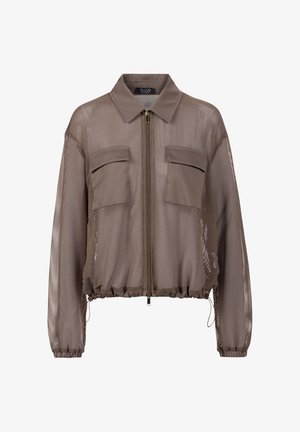 Lichtbruine mesh lange mouwen jas met kraag, ritssluiting aan de voorkant, twee klepzakken, elastische manchetten en verstelbare tunnelkoord zoom.