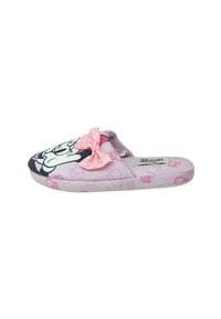 Pantofole rosa con la faccia di Minnie Mouse, un fiocco rosa a pois e piccoli motivi a fiocco sul tessuto.
