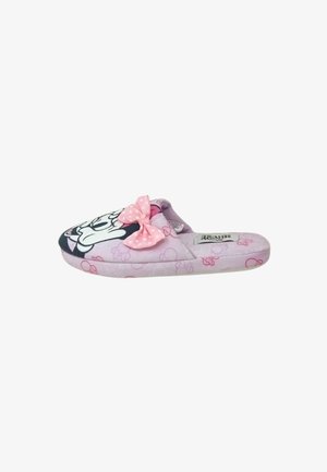 Pantofole rosa con la faccia di Minnie Mouse, un fiocco rosa a pois e piccoli motivi a fiocco sul tessuto.