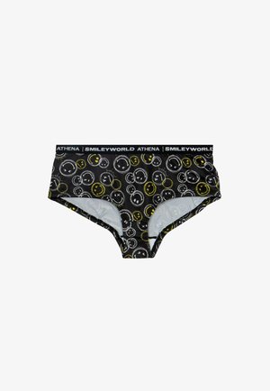 Sous-vêtements noirs avec des motifs colorés de visages souriants, des accents jaunes et blancs, et une ceinture élastique de marque marquée "ATHENA | SMILEYWORLD".