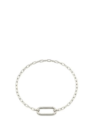 Silver chain necklace with elongated oval links and a large rectangular clasp at the front on a white background.
