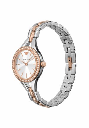 Silver and rose gold metal watch with a round face, diamond-like bezel, and a linked band. Features a white dial and simple hour markers.