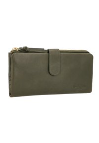 Olive green leather wallet with a smooth texture, zip closure, and a magnetic flap. Features embossed logo and gold-tone hardware accents.