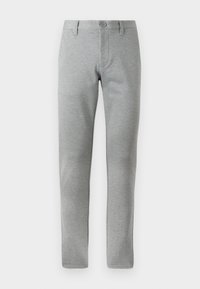 Pantalones rectos grises hechos de tela texturizada. Cuentan con un cierre de botón, pasantes para cinturón y bolsillos laterales para mayor funcionalidad.