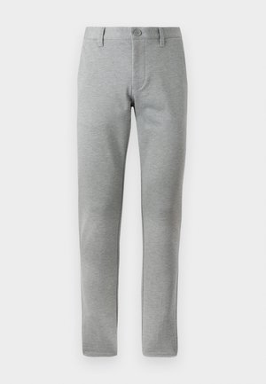 Graue, gerade geschnittene Hosen aus strukturiertem Stoff. Mit einem Knopfverschluss, Gürtelschlaufen und seitlichen Taschen für Funktionalität.