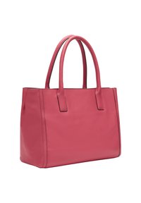 Różowa skórzana torba tote z dwoma uchwytami, prostokątny kształt, gładka tekstura i subtelne przeszycia wzdłuż boków.