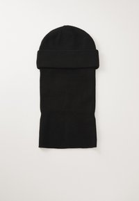 Black knit beanie with a rolled cuff. Made of soft fabric, it features a smooth texture and a simple, seamless design.