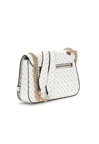 Borsa a tracolla bianca con manico a catena dorata, esterno a fantasia, tasca con zip e bordi neri. Forma compatta e strutturata.