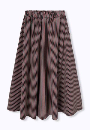 Jupe midi noire avec des rayures verticales rouges, blanches et bleues, dotée d'une taille élastique et d'une silhouette évasée.