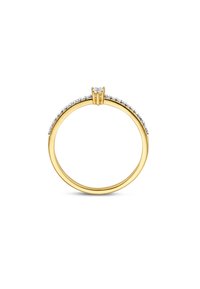 Gouden ring met een gladde band en een centrale diamanten zetting. Versierd met kleine diamanten langs de bovenste kromming. Gepolijste afwerking.