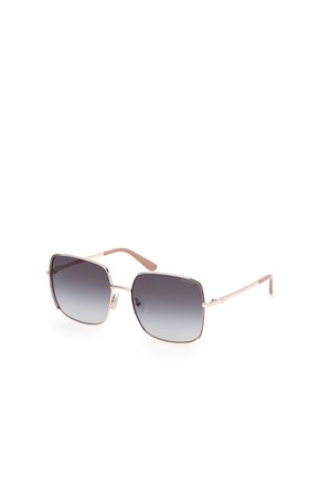 Square sunglasses with gradient gray lenses, metal rose gold frame, and pink temple tips. Manufacturer logo visible on the frame.