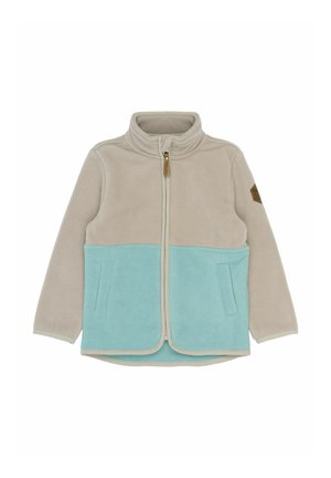 Béžová a svetlomodrá fleecová bunda s celým predným zipsom, vysokým golierom, dvoma prednými vreckami a nášivkou na ľavom rukáve.