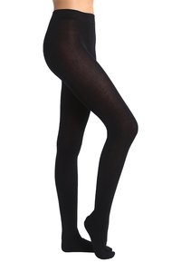 Schwarze blickdichte Strumpfhosen aus einem glatten, dehnbaren Material mit einem hohen Bund und einer engen Passform, die vom Bauch bis zu den Zehen reichen.