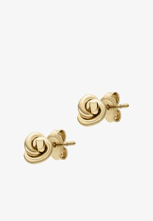 Kolczyki wkrętki z metalu w kolorze złota o splątanym wzorze węzła. Gładka faktura z polerowanym wykończeniem i bezpiecznym zapięciem na sztyft.