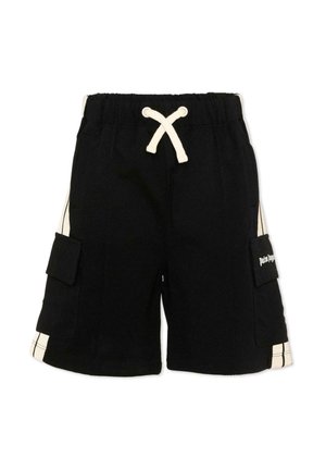 Czarne szorty typu cargo z elastycznym pasem i białym sznurowadłem, wyposażone w boczne kieszenie i białe paski biegnące wzdłuż boków.