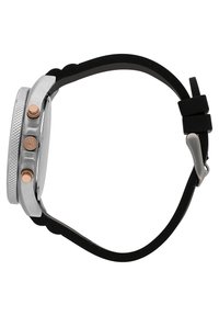 Orologio da polso da uomo con cassa in acciaio inossidabile argentato, bracciale in gomma nera, due pulsanti in oro rosa e una lunetta texturizzata.