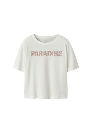 T-shirt blanc en coton à manches courtes avec col rond et le mot "PARADISE" imprimé sur la poitrine en lettres à motif floral.