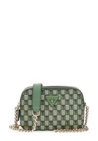 Borsa Guess verde a fantasia con finitura testurizzata, caratterizzata da un logo triangolare, cerniere e una tracolla a catena.