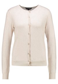 Ljusbeige kardigan i mjukt stickat tyg. Har en rundad halsringning, långa ärmar och framknäppning med matchande knappar.