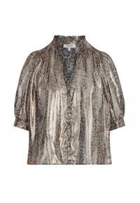 Blouse en imprimé serpent métallisé avec un col haut, des manches courtes en forme de puff et une fermeture à boutons sur le devant. Tissu texturé dans des nuances de marron et d'or.