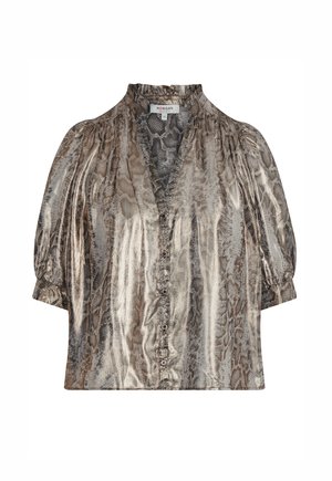 Blouse en imprimé serpent métallisé avec un col haut, des manches courtes en forme de puff et une fermeture à boutons sur le devant. Tissu texturé dans des nuances de marron et d'or.